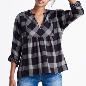 Madewell Boheme Popover Black & White Plaid Baby Doll Top Super Soft size S